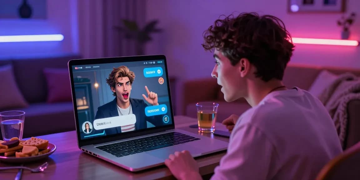 Immersive NSFW AI chat experience with engaging character on a laptop in a cozy room setting.
