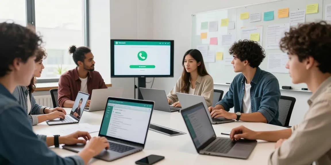 Efficient team collaborating on WhatsApp下載 process in a modern office.