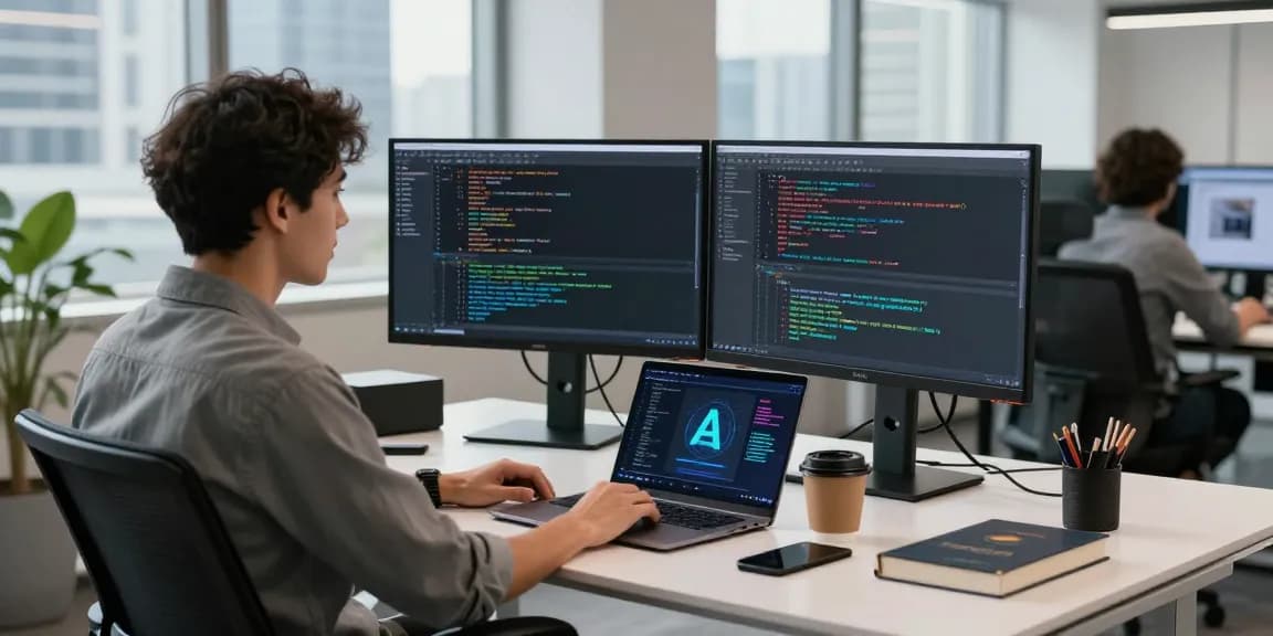 Developer working on AI agents at modern office desk with dual monitors, coffee and tech gadgets.