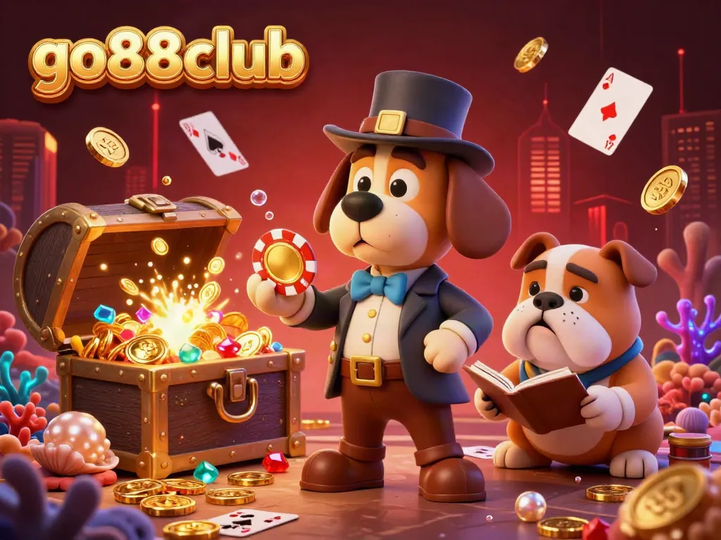 Immerse in the go88club world with a cartoon detective uncovering a golden poker chip among vibrant treasures.