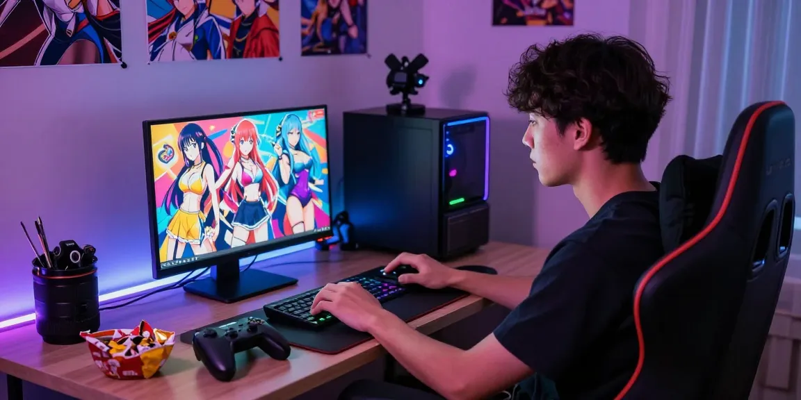 Engaging gaming scene with player focused on ecchi games on laptop surrounded by colorful LED lights and gaming merchandise.