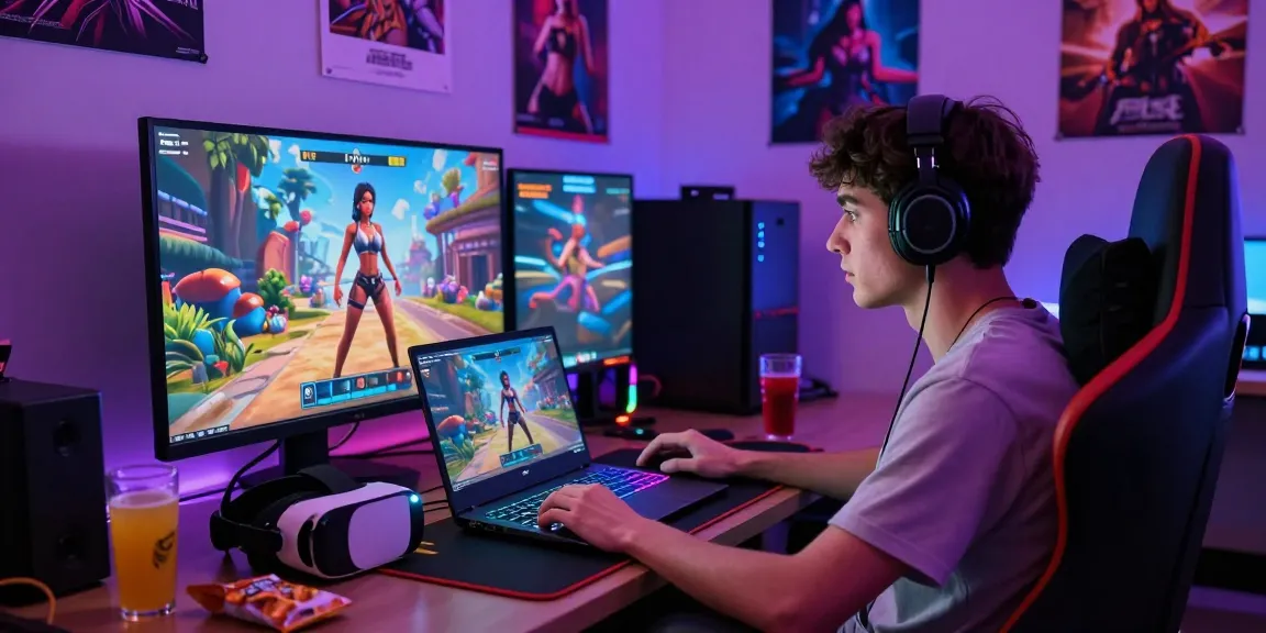 Engaged player enjoying a 3d sex game in a vibrant gaming setup with immersive lighting.