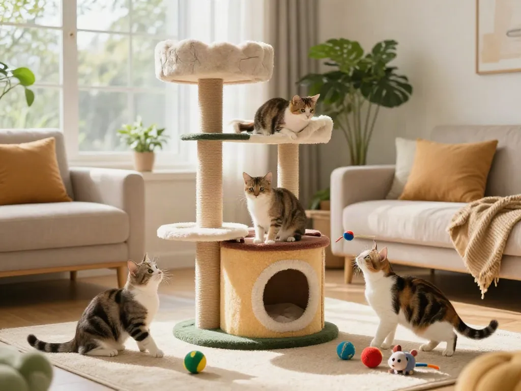 Playful cats enjoying their cat trees in a bright living room, showcasing vibrant toys and a cozy atmosphere.