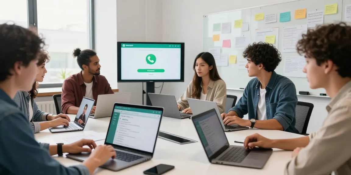 Efficient team collaborating on WhatsApp下載 process in a modern office.