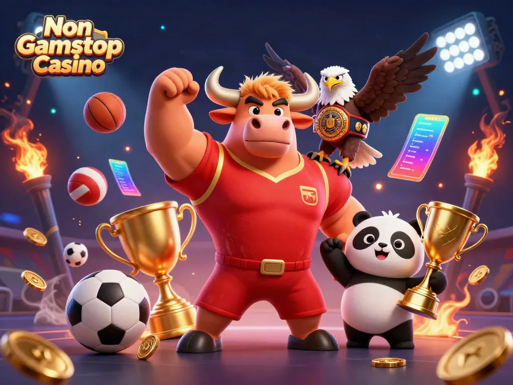 Engage with Non Gamstop Casino featuring a victory posed bull mascot and dynamic gaming elements.
