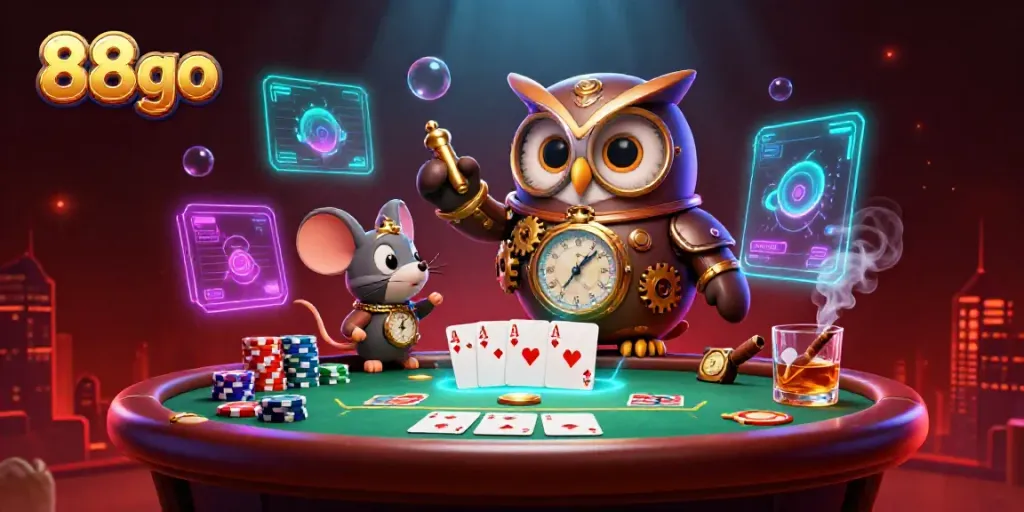 Engage with high-stakes poker at 88go, featuring a time-traveler owl and immersive casino elements.