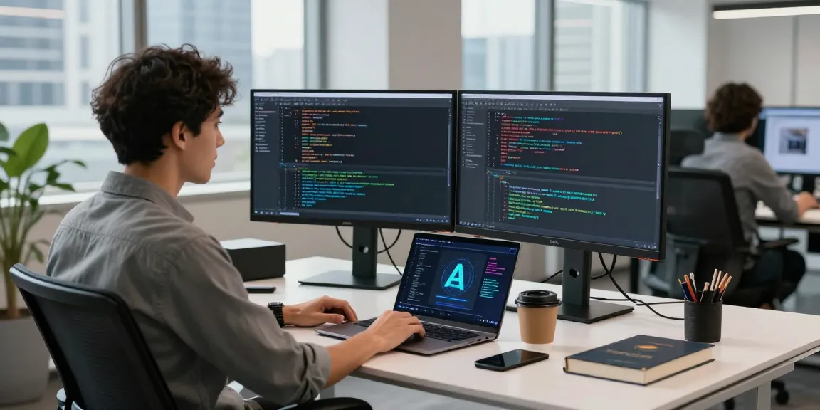 Developer working on AI agents at modern office desk with dual monitors, coffee and tech gadgets.