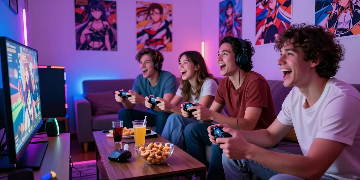 Friends enjoying a lively gaming session with a hentai game, surrounded by snacks and vibrant LED lights.