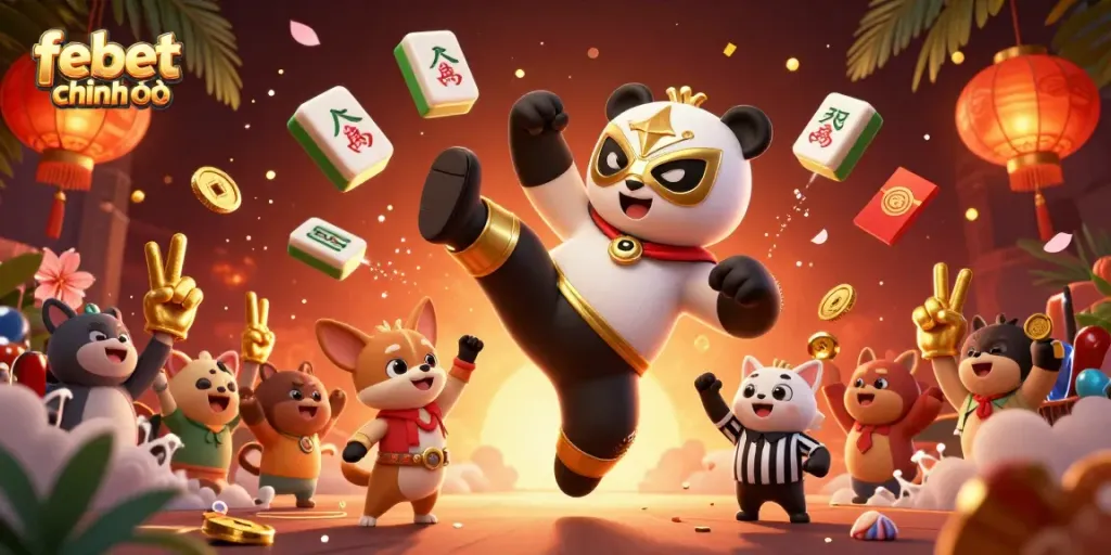 Experience the excitement of febet chính thức with vibrant casino-themed action, featuring a flying wrestler panda.