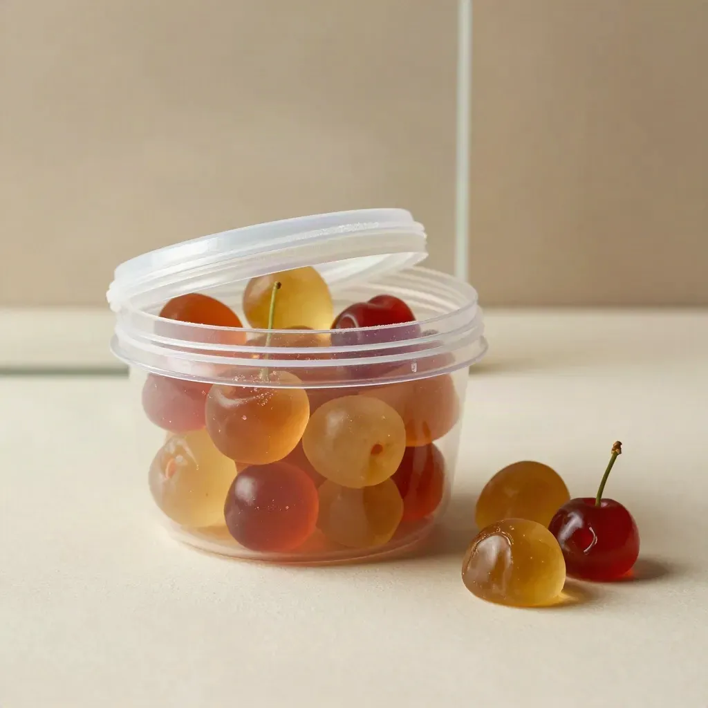 Clear tub of fruit gummies on pale plaster, lid ajar, a few sweets spilling in a soft diagonal.