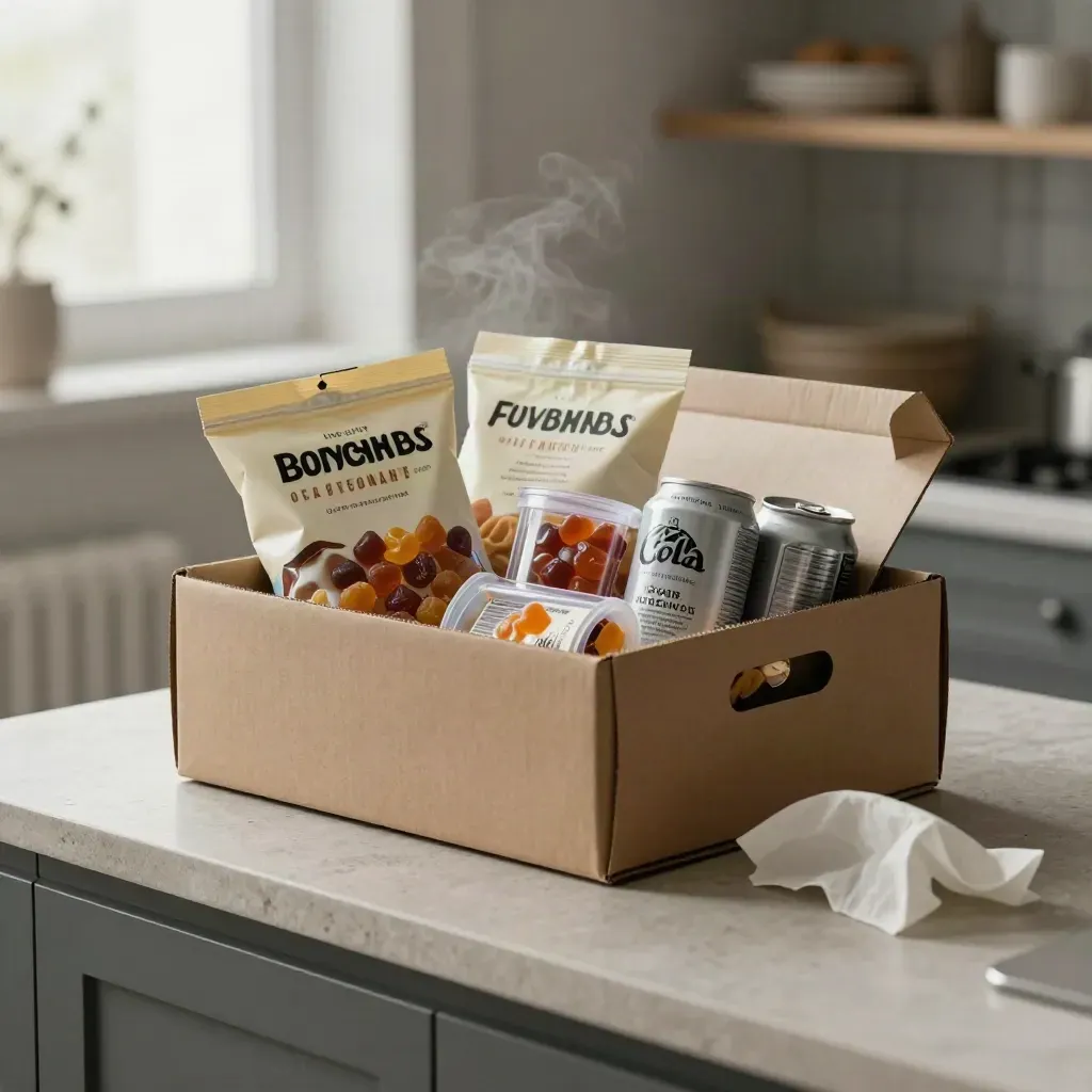 Snack box bundle with crisps, gummies and cola cans on pale stone in soft window light.