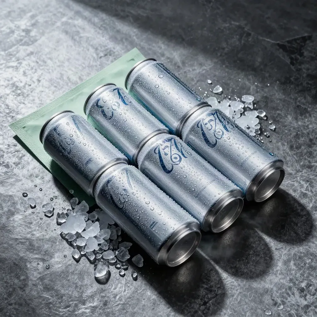 Overhead flatlay of six mini cola cans with ice shards on brushed stone
