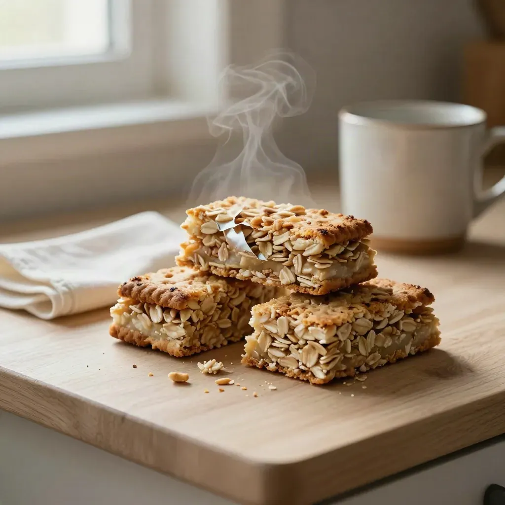 Stack of biscuit bars on pale wood with napkin, mug blur, and morning steam