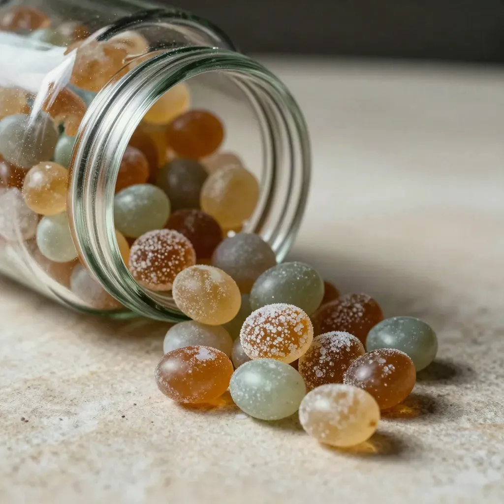 Open glass jar of mixed sweets spilling onto pale stone