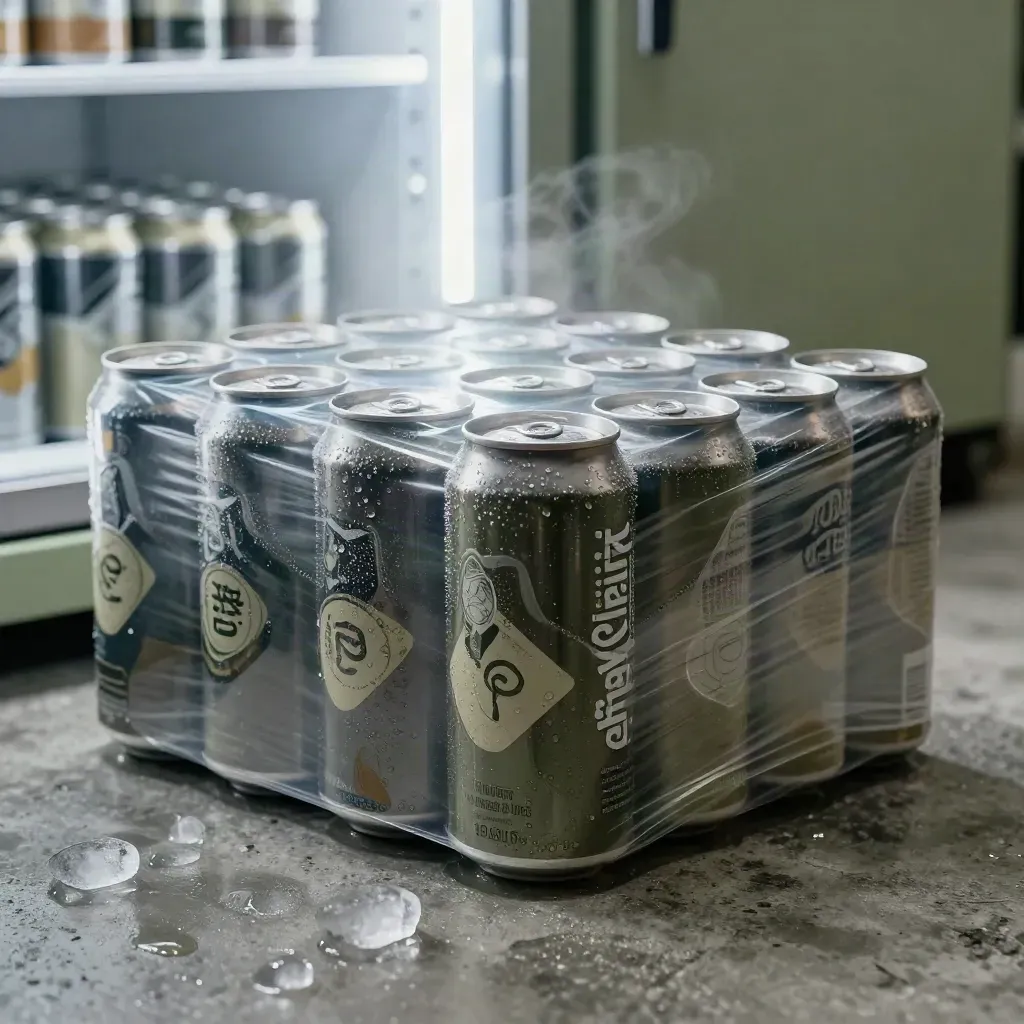 Shrink-wrapped two-dozen cola cans on cold concrete with ice, condensation and mist