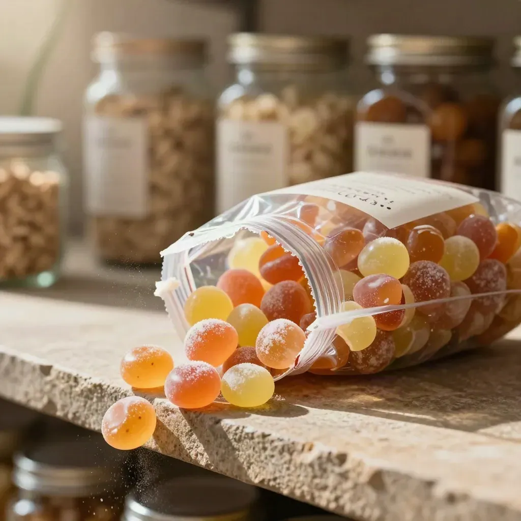Clear bag of fruit chews tipping on a stone shelf, sweets arcing outward in soft daylight.