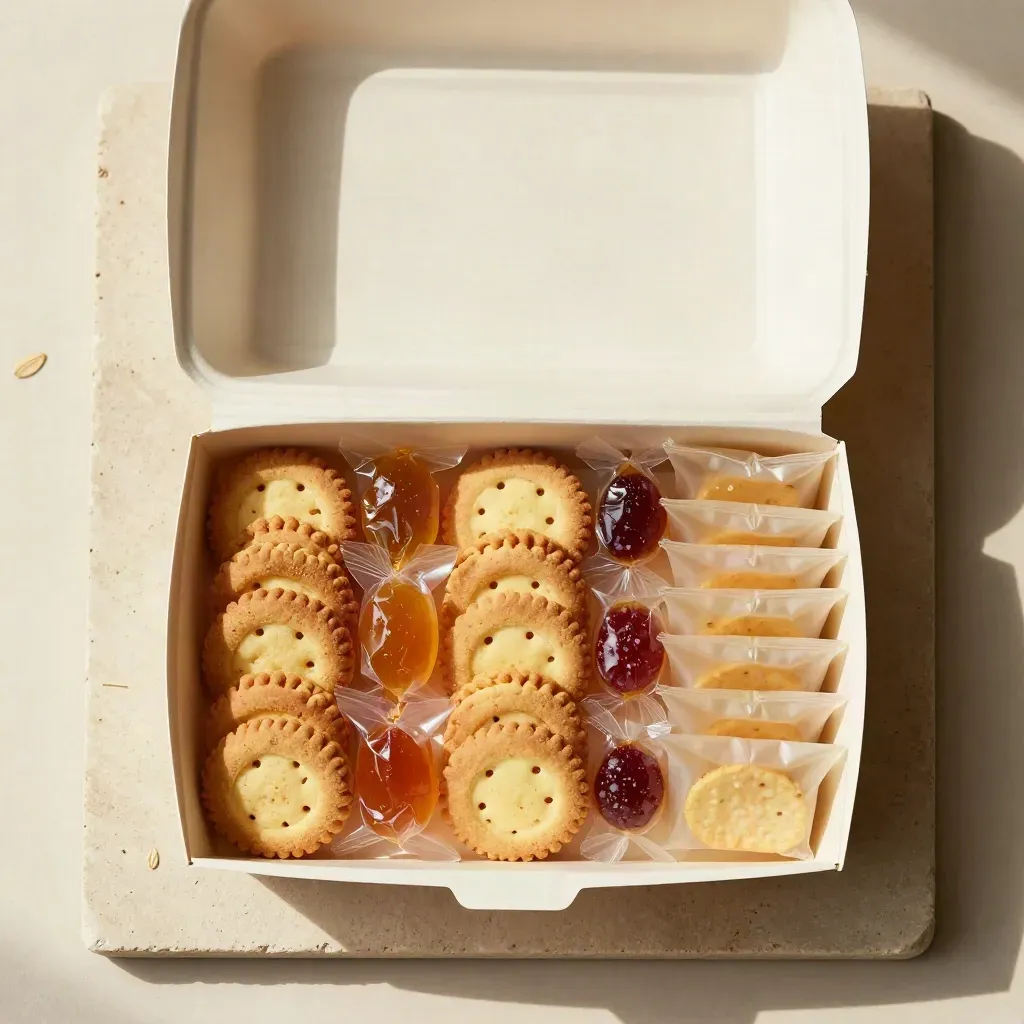 Overhead open treat box with biscuits, fruit chews, and mini crisps arranged in neat rows.