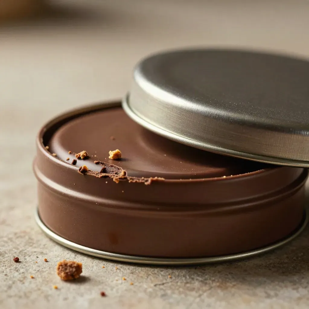 Macro of an open chocolate biscuit tin with broken biscuits and a caramel highlight.