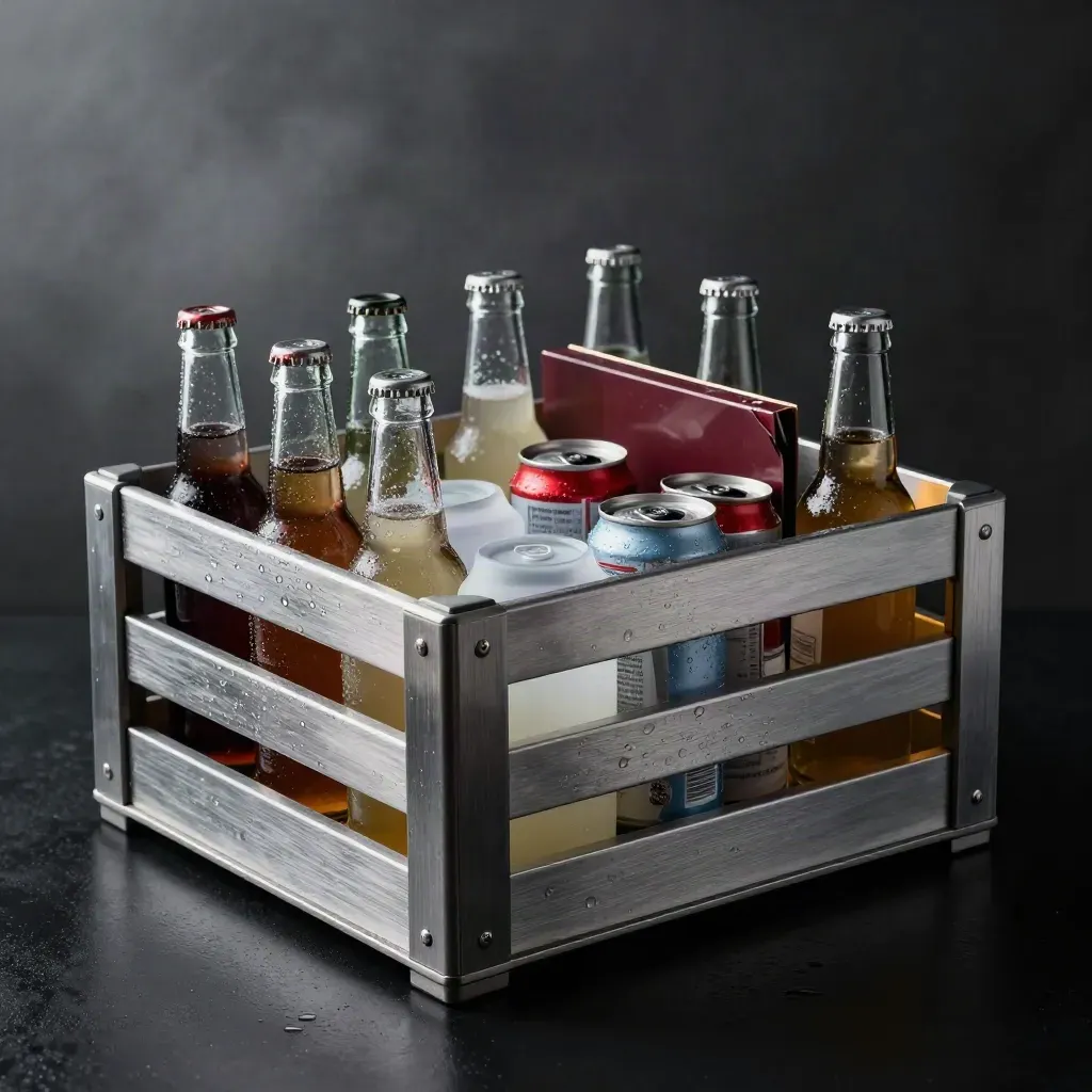 Open office drink crate with chilled cans, bottles, ice packs and condensation on a dark surface.