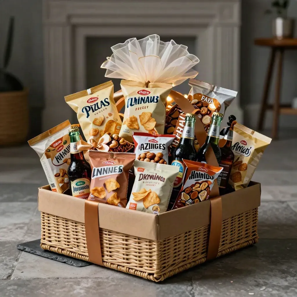 Gift hamper of snacks, sweets and drinks opening on a stone floor with a soft party glow.