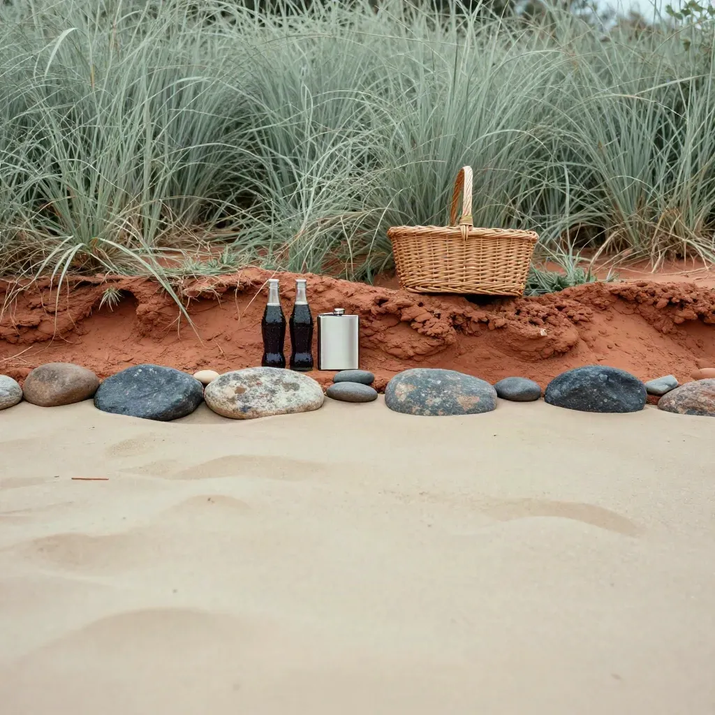 Riverbank picnic edge with chilled drinks on stone, pale sand, and a sunlit green hedge.