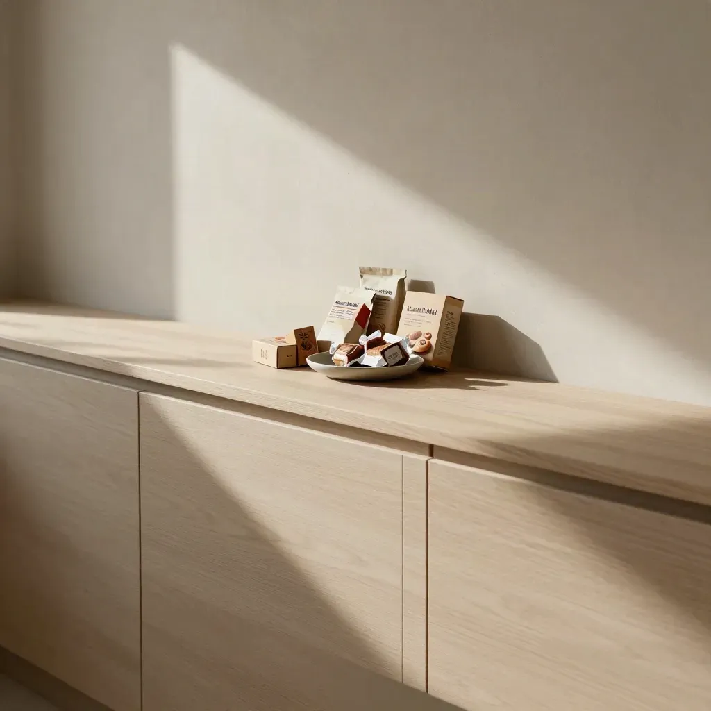 Sunlit modern kitchen with snack boxes on a pale oak counter and calm plaster wall
