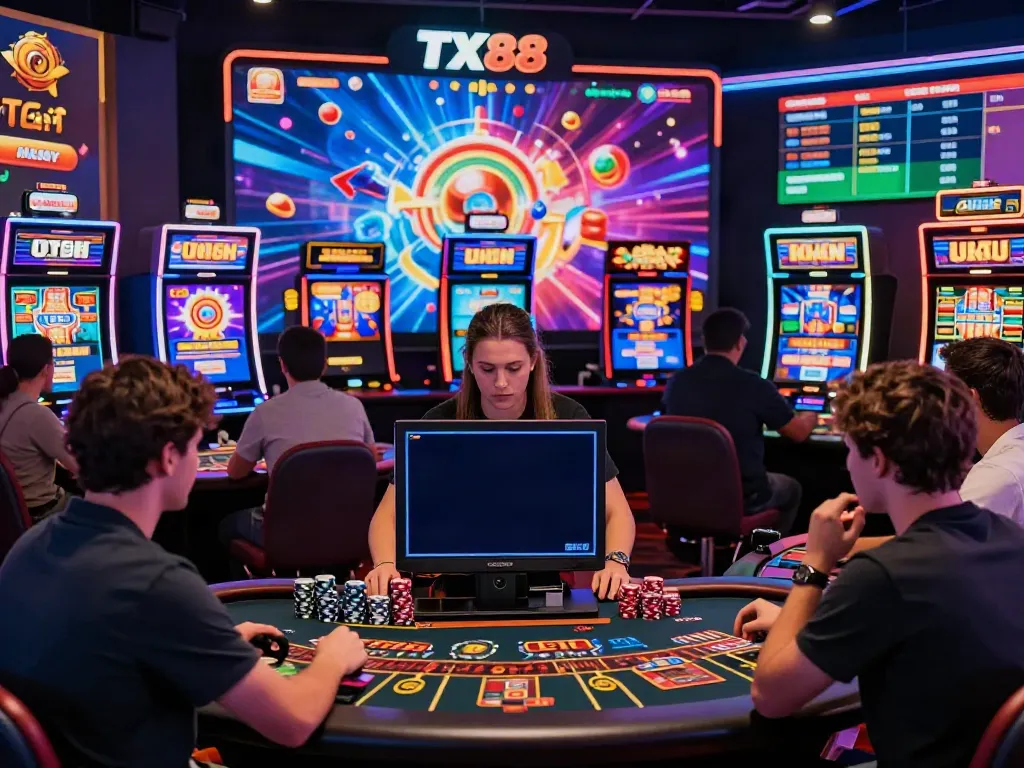 Players engaging with diverse games on TX88 platform, showcasing vibrant online casino atmosphere.