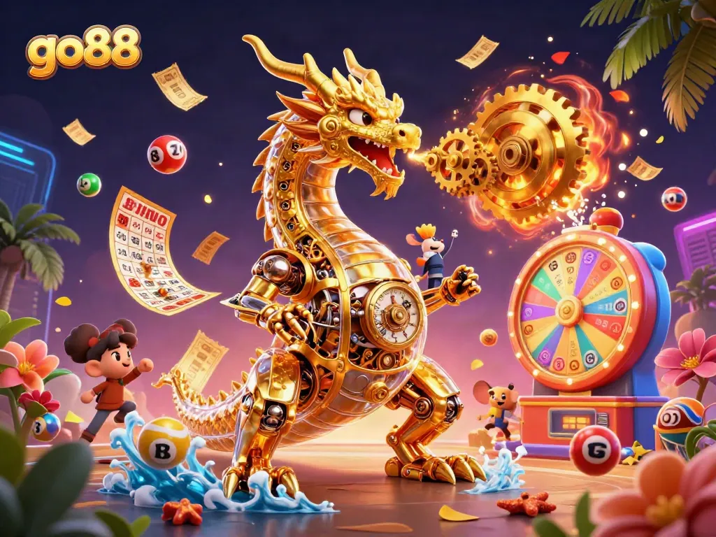 Engage in fun with go88's golden casino adventure featuring colorful lottery elements and a dynamic dragon!