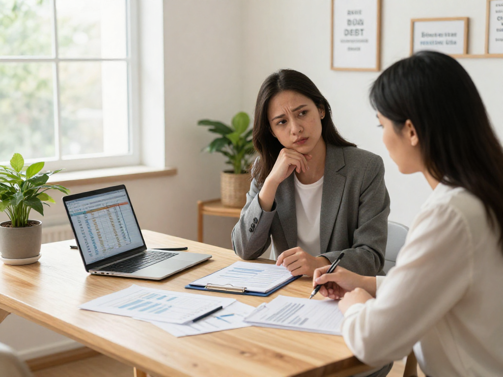 Discussing debt consolidation strategies in a warm office setting.