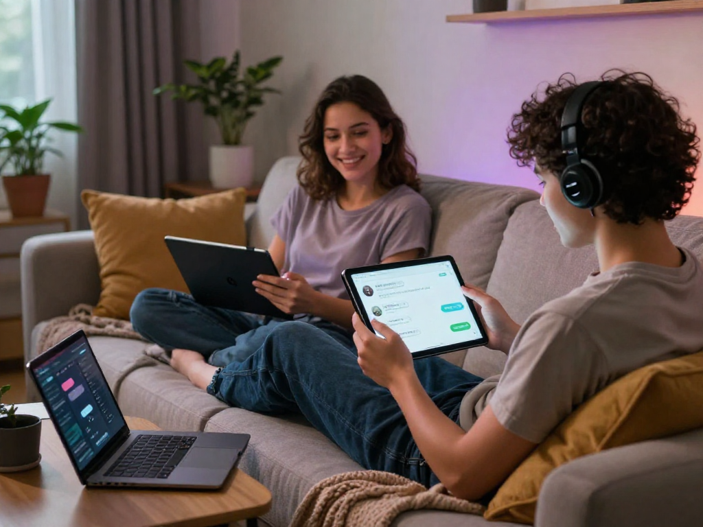Engaging ai porn chat interaction on cozy couch with tablets