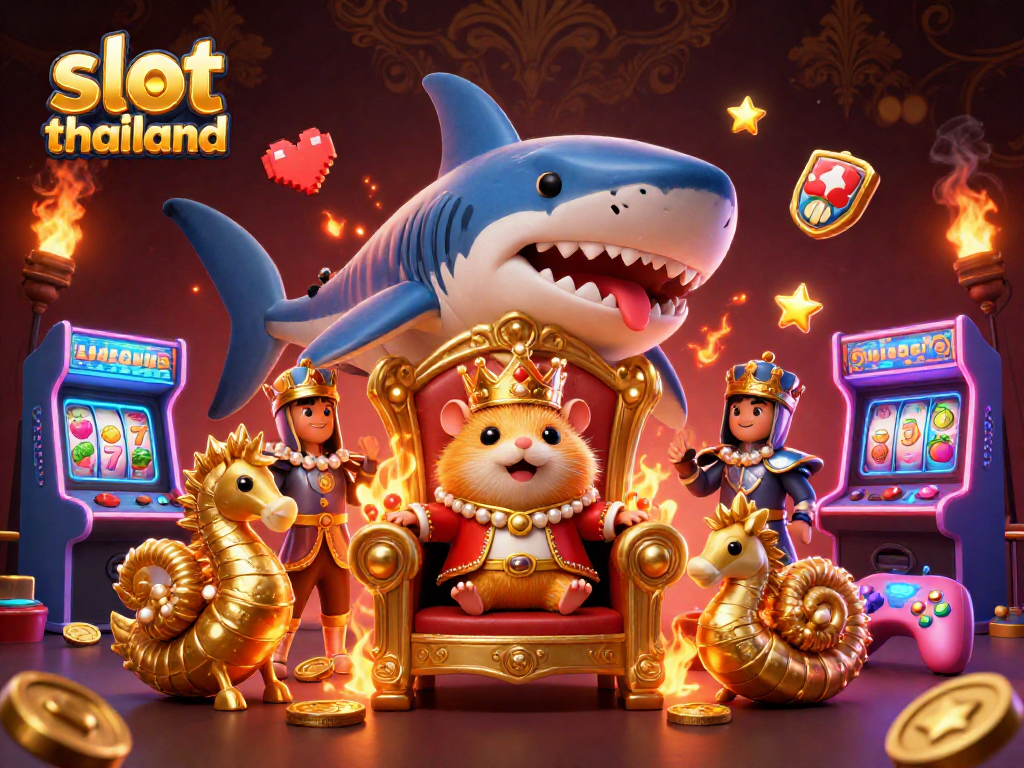 Spin big wins at slot thailand with the golden hamster king amidst vibrant arcade gaming elements.