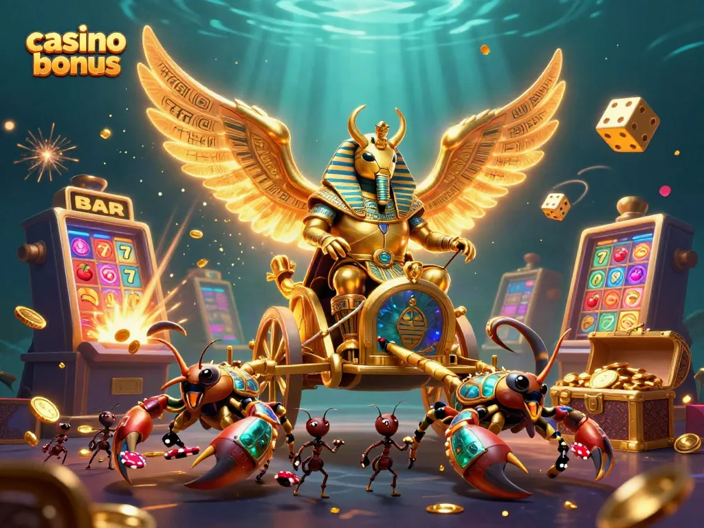 Experience an exciting casino bonus scene with a golden scarab and slot machine treasures.
