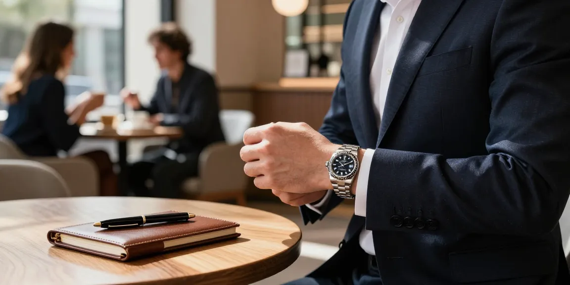 Man showcasing Rolex super clone watches in a chic café setting, exuding elegance and style.