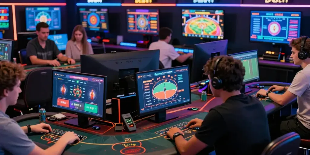 Dynamic gaming scene illustrating the vibrant atmosphere of trang chủ debet with players engaged in various online games.