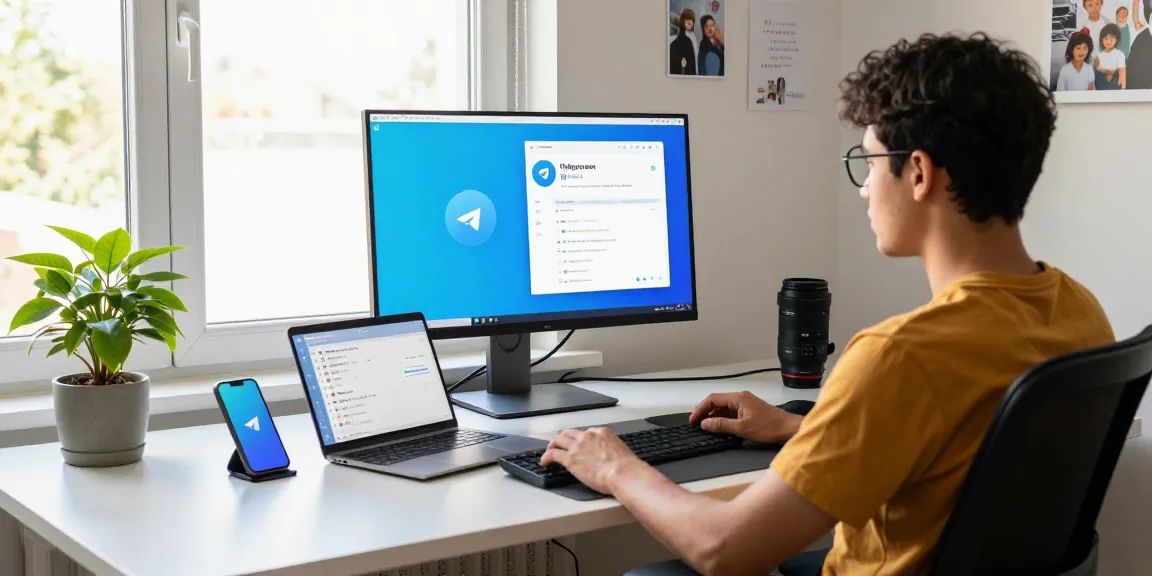 Individual utilizing Telegram Web on a modern home office desk, showcasing efficient remote communication setup.