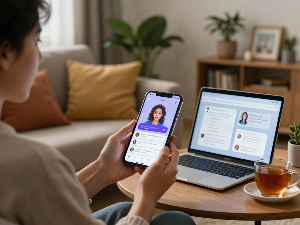 Engaging AI porn chat experience in a cozy home setting with interactive avatars.