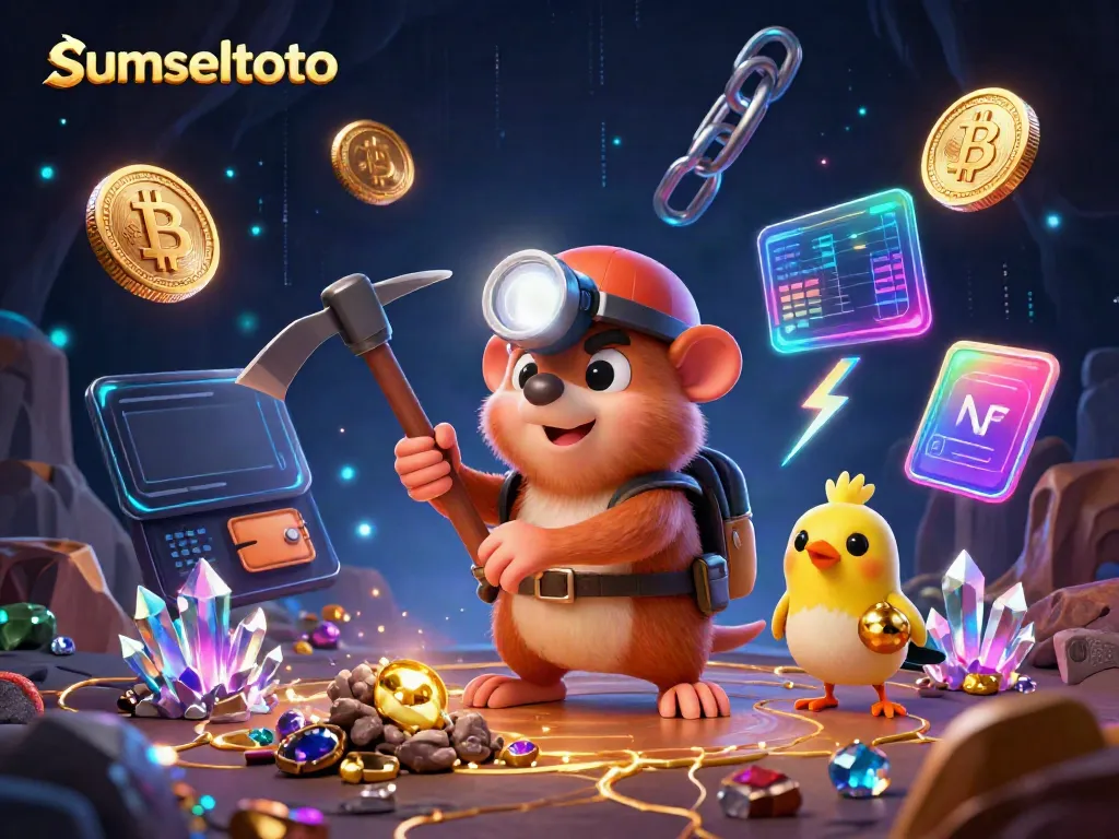 Experience the thrill of gambling with sumseltoto in this vibrant 3D illustration featuring treasure hunting and crypto elements.
