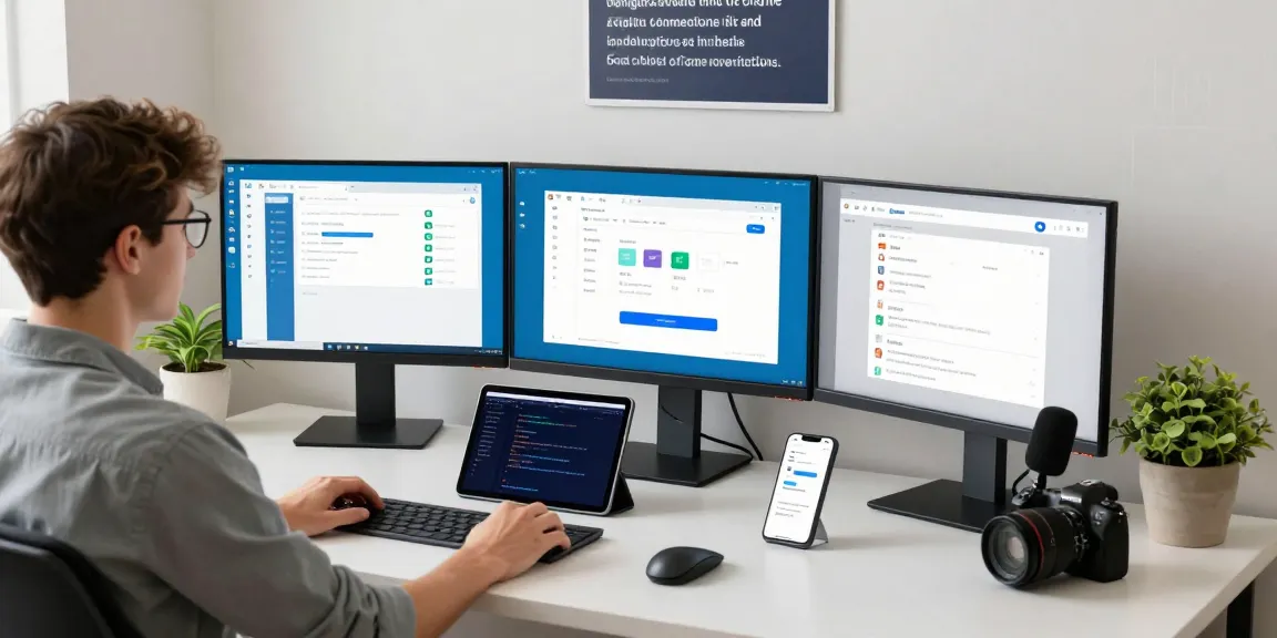 Modern workspace showcasing Telegram网页版 on multiple screens, with a developer engaging in chat and file sharing.