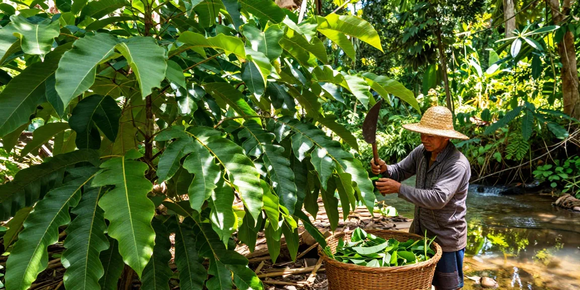 Experience the benefits of third-party tested green Thai kratom during traditional harvesting in a vibrant rainforest setting.