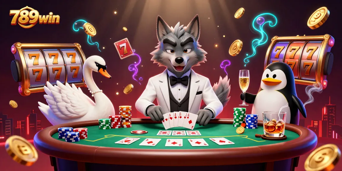 Experience the thrill of 789win with a debonair wolf, elegant swan, and penguin sommelier at a baccarat table.