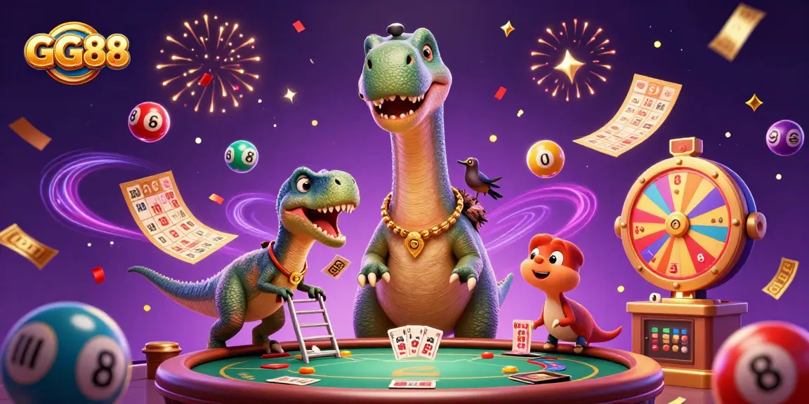 Experience the thrill of GG88 as giant cartoon creatures interact with colorful gaming elements in a vibrant casino atmosphere.