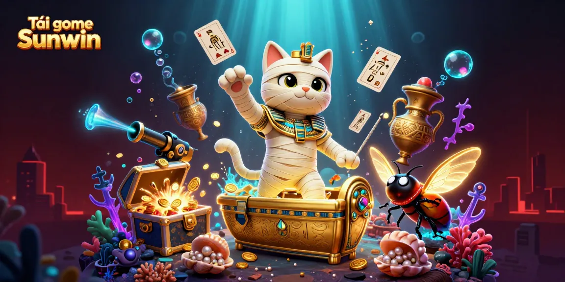 Play and win with Tải game Sunwin in this vibrant 3D casino illustration featuring a mummy cat and scarab.