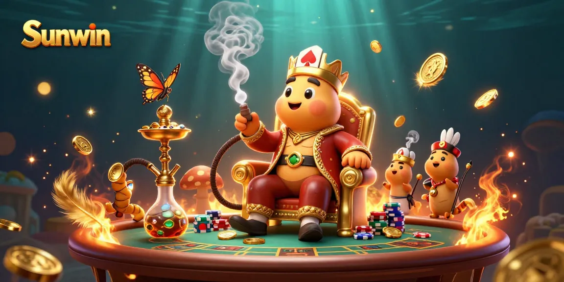 Experience thrilling casino games at Sunwin with vibrant poker hand symbols and golden coins.
