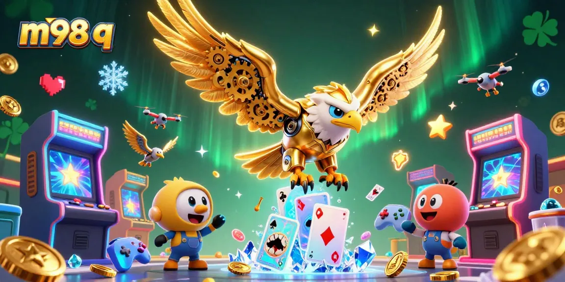 Engage in thrilling play at m98 q with a dynamic 3D scene featuring a golden eagle and arcade machines.