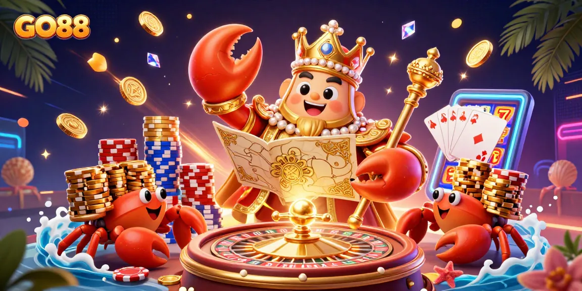 Go88 platform celebrates gaming with a golden crab emperor, dynamic symbols, and casino elements.
